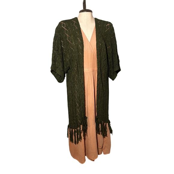 Rock & Roll Denim Olive Green Open Knit Fringe Cardigan Women’s Large Boho - Picture 3 of 11